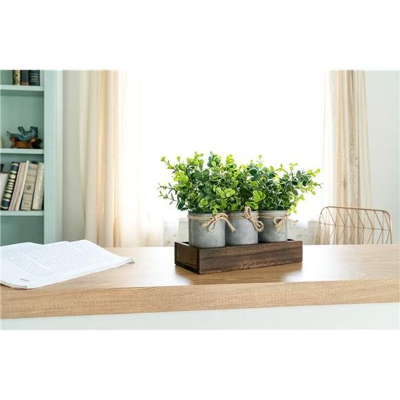 Decorative Galvanized Metal Pots Centerpiece Decor Wood Tray withfake Eucalyptus - Picture 4 of 5